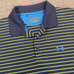Under Armour Mens Large Loose HeatGear Polo Shirt Striped Navy Blue Green Golf